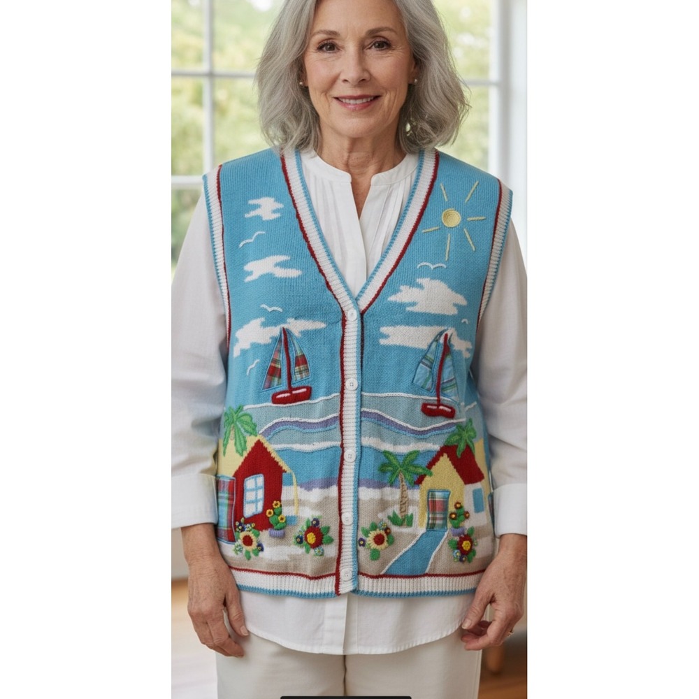 Vintage Koret Francisca Beach House Button embroidered Button vest Womens Large